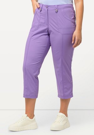 Pantalons courts violets en tissu doux, dotés de deux poches avant, de détails de couture subtils et de boutons métalliques. Assortis avec des baskets blanches.