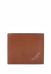 Bruine lederen portemonnee met een gestructureerde afwerking, een bi-vouw ontwerp, geperst "TED BAKER" logo en een strakke, minimalistische stitching.