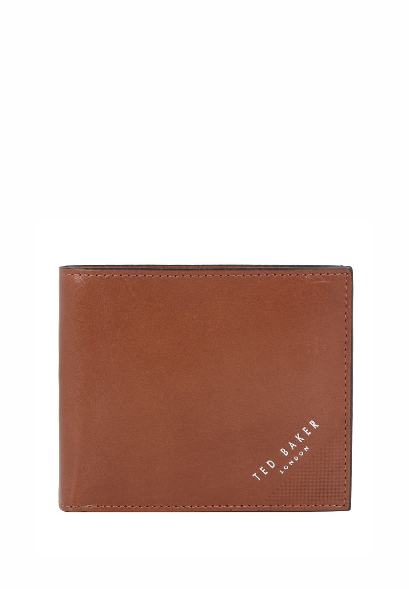 Bruine lederen portemonnee met een gestructureerde afwerking, een bi-vouw ontwerp, geperst "TED BAKER" logo en een strakke, minimalistische stitching.