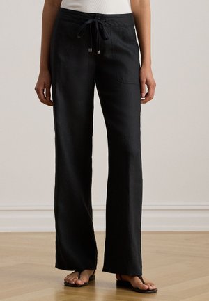 Black, wide-leg pants made of lightweight fabric, featuring a drawstring waist, two front pockets, and a smooth texture.