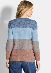 Maglione in maglia con un motivo multicolore caratterizzato da strisce blu e marroni, scollo rotondo e maniche lunghe. Tessuto morbido e vestibilità rilassata.