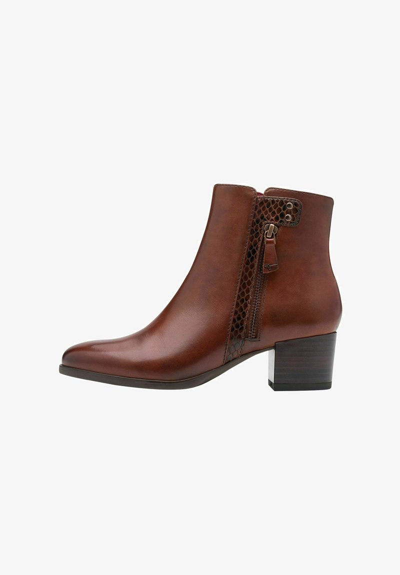 Brown leather ankle boot with a textured side panel, square heel, rounded toe, and side zipper. Smooth finish with subtle shine.