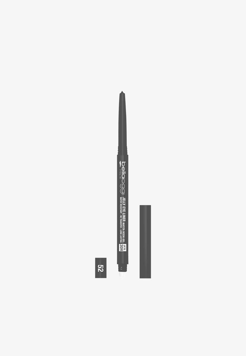 Matita eyeliner gel nera con punta appuntita e un'estremità retrattile bianca. L'etichetta mostra "Jelly Eye Liner" e il numero di tonalità "52."