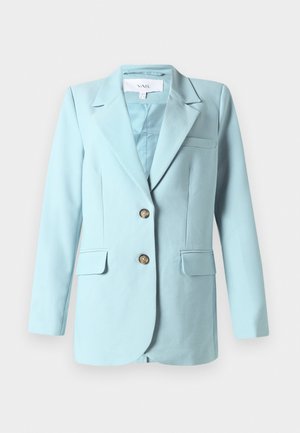Light blue women's blazer with notch collar, two front buttons, flap pockets, and chest welt pocket, displayed on white background.