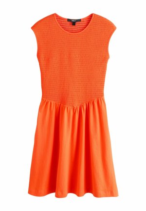 Rochie portocalie aprins fără mâneci, cu corset texturat și talie evazată, decolteu rotund și etichetă „NEXT” pe interiorul gulerului.