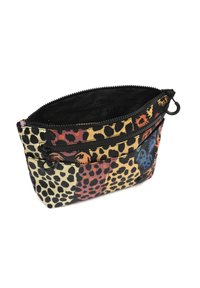 Fermuaro maišelį su mišriais gyvūnų raštais; ryškių spalvų, tokių kaip rožinė, oranžinė ir mėlyna; tekstūruotas paviršius; juodas interjero pamušalas.