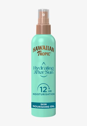 Hawaiian Tropic Hydrating After Sun Sprühflasche mit 12 Stunden Feuchtigkeitsversorgung, hautnährendes Öl in türkisfarbener Verpackung mit bronzenem Sprühkopf.
