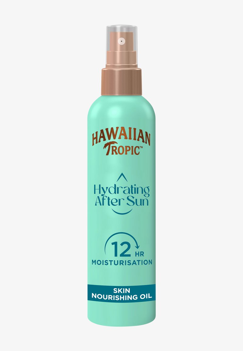 Hawaiian Tropic Hydrating After Sun sprayfles met 12 uur hydratatie, huidverzorgende olie in turquoise verpakking met bronzen spraydop.