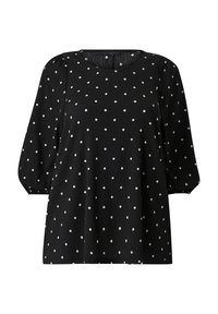 Zwarte blouse met witte stippen, ronde hals, 3/4 pofmouwen en een textuurstof voor extra dimensie. Losse pasvorm.