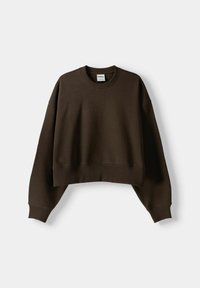 Brun kortärmad sweatshirt med rund hals, sänkta axlar och ribbade muddar och fåll. Tillverkad av mjukt texturerat tyg. Enkelt design.