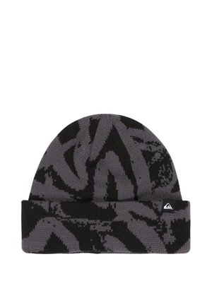 Black and dark gray knit beanie hat with abstract pattern and small folded cuff featuring a small fabric logo tag on the front right side.