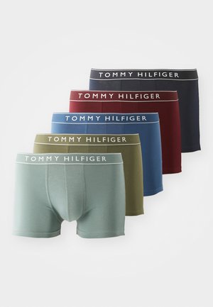 Pack of five boxer briefs in various colors: green, blue, burgundy, navy, and grey. Each features a branded elastic waistband.