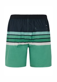 Zwemshorts met een gridstructuur, een donkerblauwe tailleband en groene strepen met zwarte en witte accenten. Inclusief een achterzak.