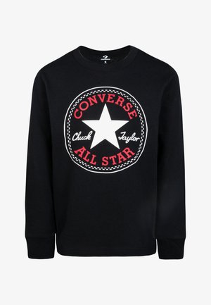 Fekete kapucnis pulóver, fehér csillag logóval, rajta a "CONVERSE" és az "ALL STAR" felirattal piros, kerek nyomtatott dizájnban, bordázott mandzsettákkal és kivágott nyakkal.