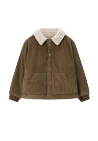 Veste en velours côtelé marron avec un col en fausse fourrure blanche, fermeture par boutons à l'avant et deux poches latérales. Texture douce et coupe décontractée.