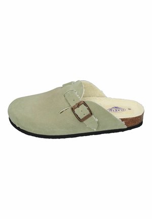 Green suede slip-on clog with a textured finish, featuring a decorative buckle and soft lining. Black rubber sole for durability.