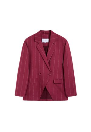 Blazer burdeos cruzado con finas rayas blancas verticales, solapas con muesca, dos botones y bolsillos delanteros con solapa.