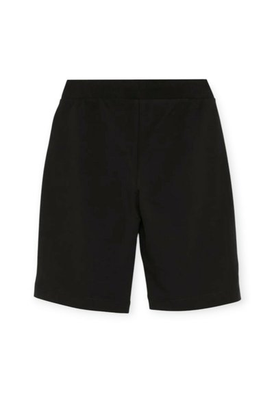 Shorts sportivi neri realizzati in un tessuto liscio. Presentano una vita elastica, una silhouette dritta e nessun motivo o accessorio visibile.