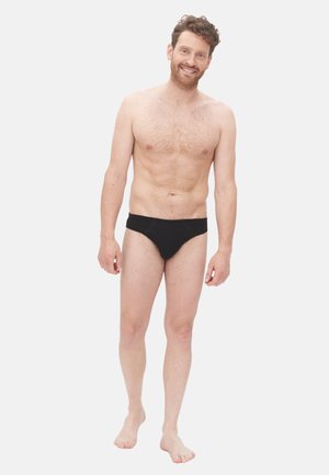 Schwarze Schwimmbriefe für Herren, enganliegendes Design, elastischer Bund, weicher Stoff, zeigt eine schlichte Oberfläche und minimale Nähdetails.