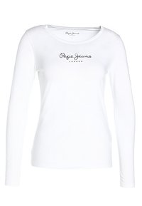Langärmliges, weißes Baumwoll-T-Shirt mit rundem Ausschnitt und schwarzem "Pepe Jeans London"-Logo, das in der Mitte der Brust platziert ist.