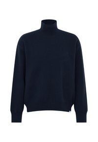 Pull noir en maille à manches longues avec un col roulé côtelé haut et des poignets côtelés sur un fond blanc uni.