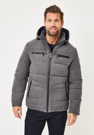 Gray padded jacket with a hood, featuring zippered chest and side pockets, textured fabric, and prominent stitched detailing.