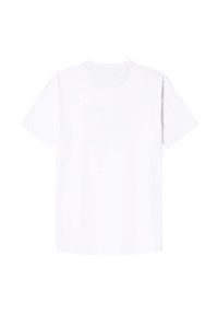 Camiseta blanca de algodón con un cuello redondo clásico y mangas cortas. Textura suave, sin estampados, con costuras uniformes a lo largo del cuello y el dobladillo.