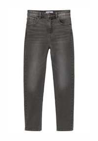 Jean en denim gris foncé avec une coupe ajustée, comprenant cinq poches, une braguette zippée et une fermeture classique par bouton. Détails de décoloration légers présents.