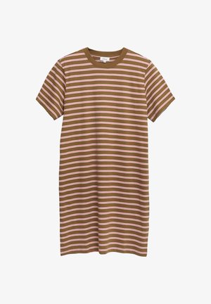 Bruine T-shirtjurk met korte mouwen, fijne witte en roze horizontale strepen en een ronde hals.