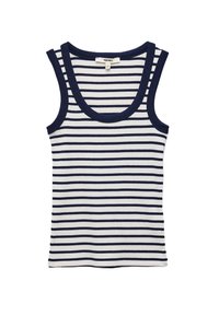 Navy en witte gestreepte tanktop met een geribbelde textuur, voorzien van een ronde halslijn en brede schouderbanden. Gemaakt van katoen.