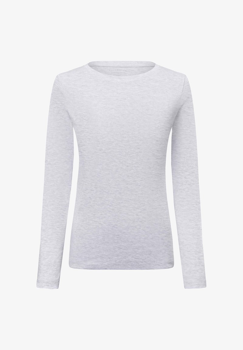 Szary, długi rękaw, wykonany z lekkiego materiału, z okrągłym dekoltem, o gładkiej fakturze i prostym wzornictwie, bez wzorów.