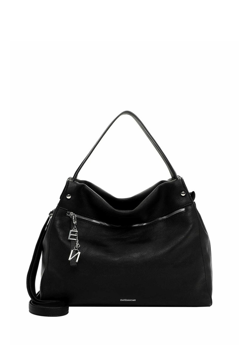 Black leather handbag with a slouchy design, top handle, and adjustable shoulder strap. Features zipper and metal hardware accents.
