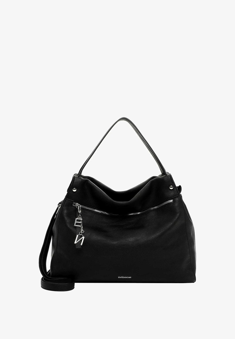 Black leather handbag with a slouchy design, top handle, and adjustable shoulder strap. Features zipper and metal hardware accents.