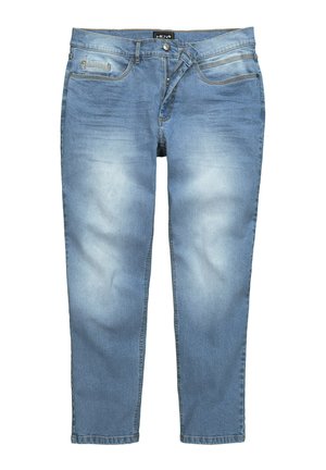Hellblaue Jeans aus Denim mit verblichenem Finish, ausgestattet mit fünf Taschen, einem Knopf- und Reißverschluss und geraden Beinen.