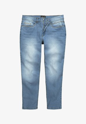 Lichtblauwe spijkerbroek van denim met een vervaagde afwerking, voorzien van vijf zakken, een knoop- en ritssluiting, en rechte pijpen.