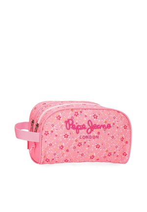 Neceser floral rosa con doble cremallera, asa lateral y "Pepe Jeans London" bordado en rosa en el frente.