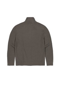 Dunkelgrauer Langarmpullover mit hohem Rippkragen, gerippten Bündchen und geripptem Saum, von hinten auf weißem Hintergrund gezeigt.