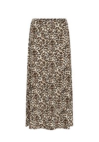 Leopardmönstrad midikjol i beige och bruna nyanser, med elastisk midja, mjuk textur och flödande design. Lämplig för vardagsbruk.