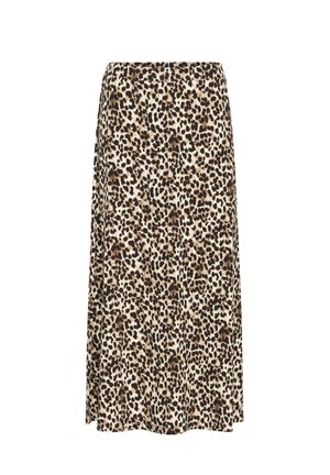 Leopardmönstrad midikjol i beige och bruna nyanser, med elastisk midja, mjuk textur och flödande design. Lämplig för vardagsbruk.