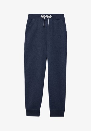 Navy sweatpants made of soft fabric, featuring an elastic waistband with a drawstring, side pockets, and tapered cuffs.