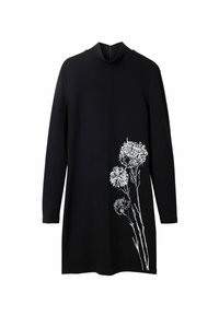 Svart klänning med hög hals och långa ärmar, prydd med vitt blommönster på nedre sidan. Slät tyg med en minimalistisk design.