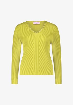 Sweter z długim rękawem w kształcie litery V w jasnym żółtym kolorze, z prążkowaną teksturą i dopasowanym krojem. Wykonany z miękkiego, elastycznego materiału dzianinowego.