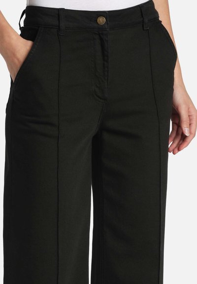 Black wide-leg pants made of denim with a smooth texture. Features front pockets and a front button closure. Stitched details along the seams.