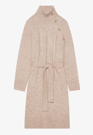 Strikket sweaterkjole i beige, med højt halsudskæring, tre knapper på skulderen, talje med bælte og ribbede manchetter.