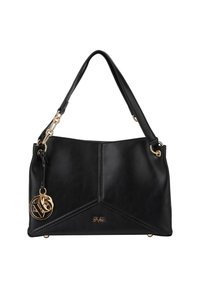 Schwarze Lederhandtasche mit glatter Textur, kantigem Design und goldfarbenen Beschlägen. Verfügt über einen dekorativen Anhänger und zwei robuste Tragegriffe.
