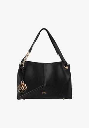 Schwarze Lederhandtasche mit glatter Textur, kantigem Design und goldfarbenen Beschlägen. Verfügt über einen dekorativen Anhänger und zwei robuste Tragegriffe.