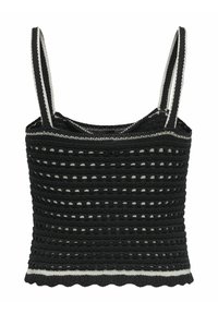 Fekete kötött crop top széles fehér csíkos pántokkal, texturált mintázattal és fodros szegéllyel. Könnyű, légies kialakítás.