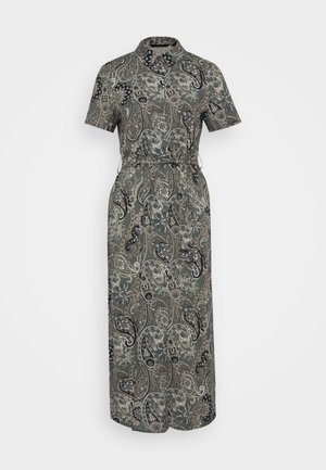 Kurzärmliges, knöpfbares Kleid mit einem Paisleymuster in Grüntönen, Schwarz und Beige; tailliert mit einer Krawatte.