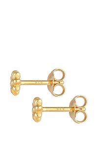 Boucles d'oreilles en or avec un design floral texturé, comprenant des grappes arrondies et un fermoir à tige élégant. Marquées "925" pour indiquer la teneur en argent.