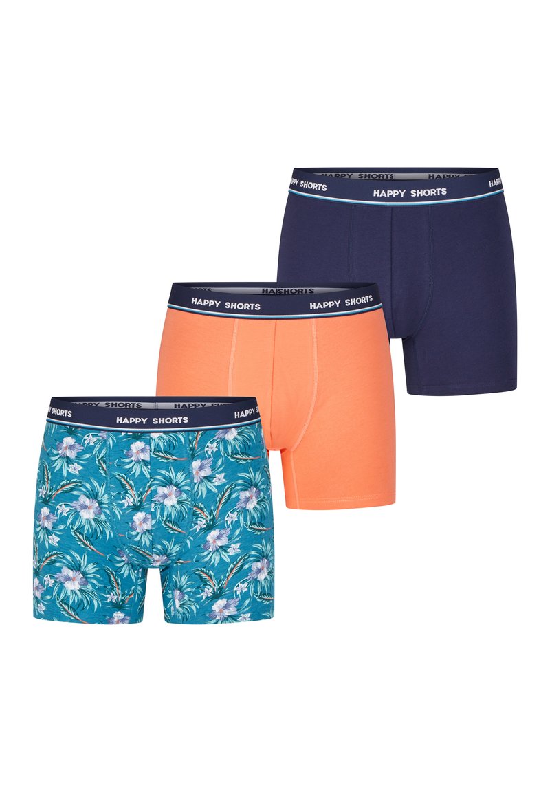 Drie paar boxershorts: één marineblauw, één oranje en één met een bloemenpatroon op een teal achtergrond. Alle hebben een zwarte tailleband met de tekst "HAPPY SHORTS."